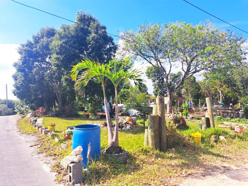 Müllentsorgung pragmatisch und vorbildlich. Überall stehen blaue Tonnen am Wegesrand.