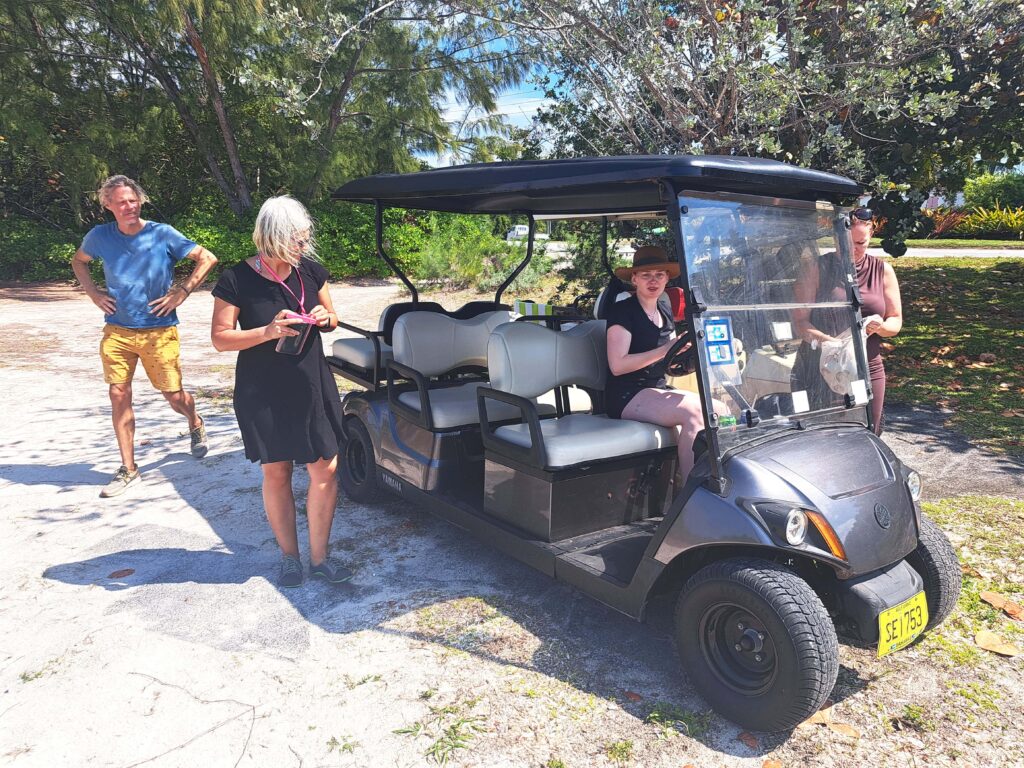 Golfcart für 6 Personen. Die Crew erkundet den Strand